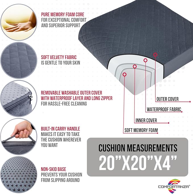 Medium-Soft 20x20x4 Memory Foam Recliner Chair Seat Cushion for Long Sitting - Armchair Pad with Washable Velvety Cover with Waterproof Layer & Non-Slip Base for Seniors & Elderly - Brown