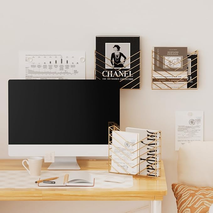 CROISSANT Black Wall Mounted File Organizer,Metal Magazine Basket, Concave Wall Mounted Magazine Rack, Suitable for Hanging File Folders for Office Living Room (Golden, 4 Pack)