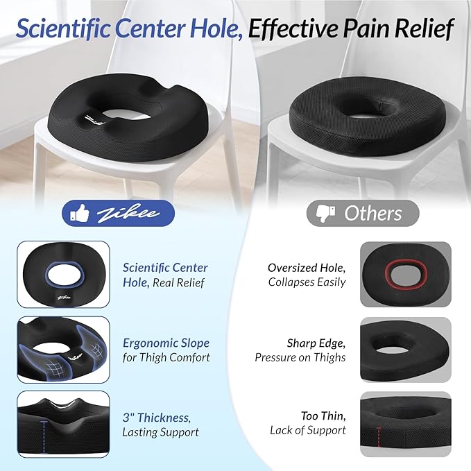 ZIKEE Donut Pillow Seat Cushion for Tailbone Pain, Hemorrhoid Pillow with Pressure Relief Hole & Thigh Slope Design for Postpartum & Post Surgery Sitting Relief, Donut Seat Cushion for Office & Home