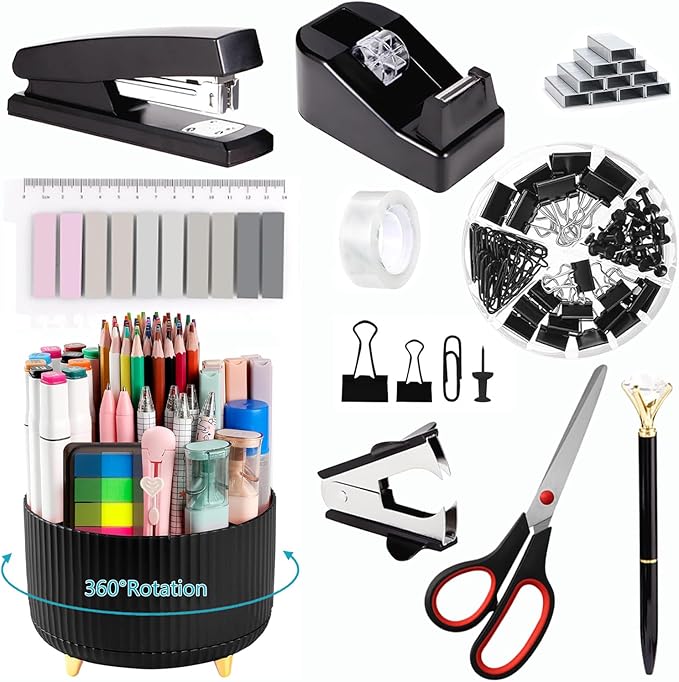 Office Supplies,Black Desk Accessories,Office Supplies Set,Desk Organizer,Stapler,Tape Dispenser,Scissors,Staple Remover,Binder Clips,Staples,Ballpoint Pen,Index Tabs with Ruler,Clear Tape.10pcs