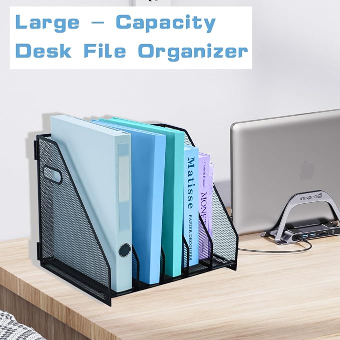 Desk Organizers Metal Magazine File Holder Racks Desktop Folder Storage Binder Organiser Document Organization for Home Office & Classroom,5 Vertical Compartments