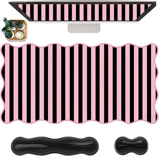 Scalloped Desk Mat with Gel Wrist Rest for Keyboard and Mouse Extended Cute Pink Black Mouse Pad XXL Striped Mousepad Stripe Desk Pad Mouse Wrist Support forComputer Laptop Home Office 31.5X15.7Inch