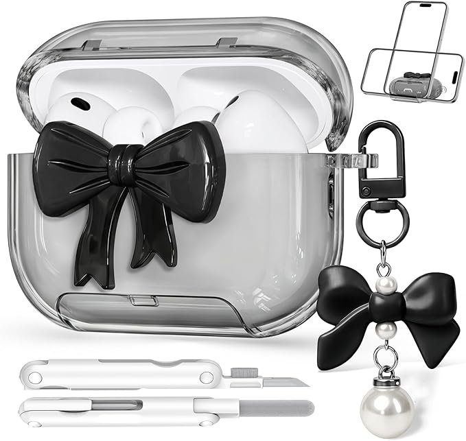 for AirPods Pro 3 Case 2025 with Safety Lock & Phone Stand, Cute Clear Pink 3D Bow Cover with Keychain & Cleaning Kit, Auto-Open TPU Protective Shell for AirPods Pro 3rd Generation Women Girls (Black)