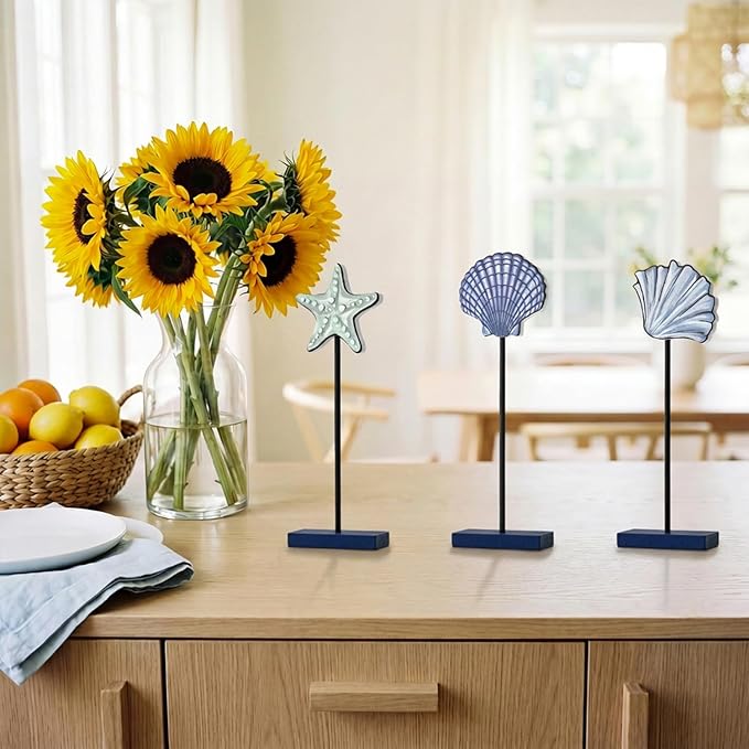 Smile 3 Pcs Wooden Decor Summer Indoor Decorations, Starfish Shell Style, Summer Table Centerpieces for Home Kitchen Seasonal Display