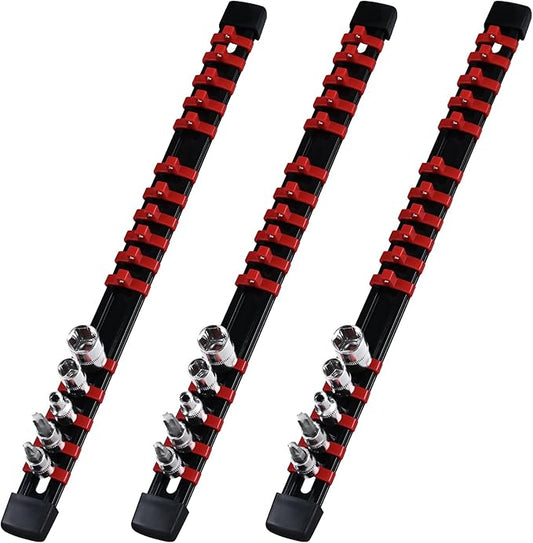1/4-Inch Drive Heavy Duty Socket Holder Kit ABS, Socket Rail 16 Clips Red, 3 Pieces