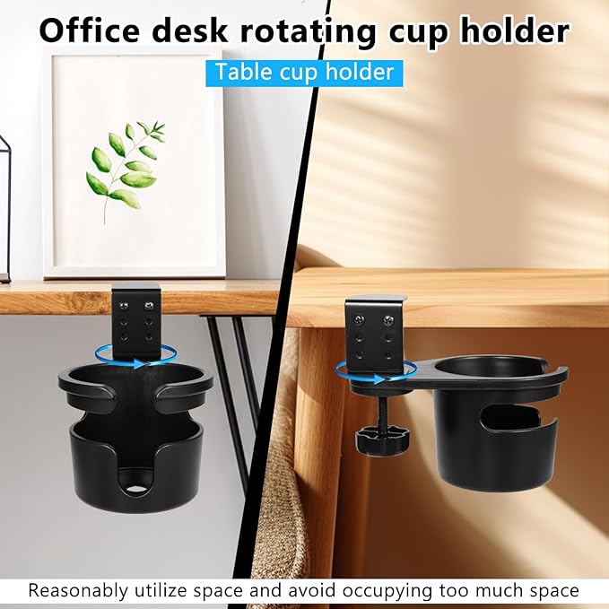 FMOACEN 3-Stage Adjustable Desk Cup Holder Clamp, 360° Rotating Anti-Spill Tray for Water Bottles & Mugs, Heavy-Duty Under Desk Organizer for Office, PC Gaming & School, Black