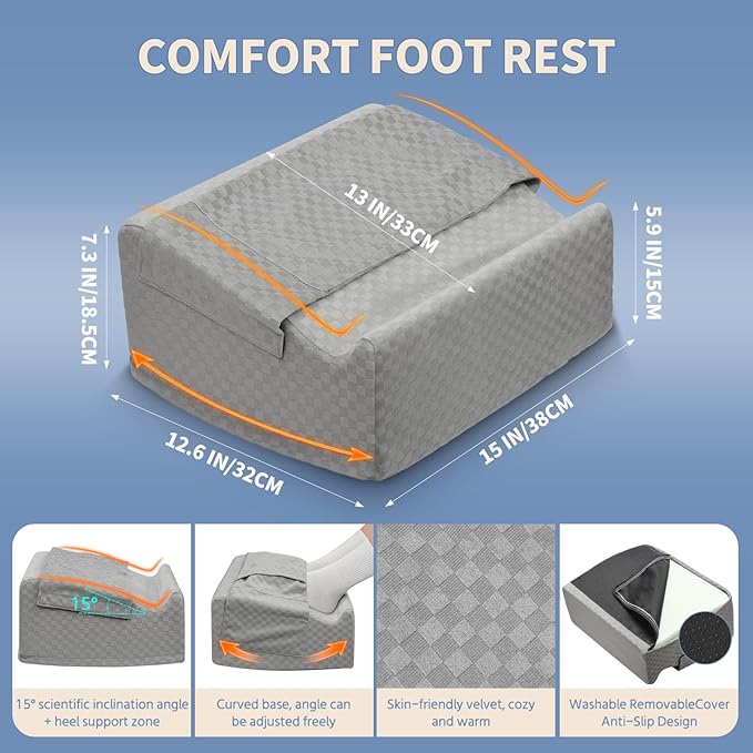 Ergonomic Foot Rest for Under Desk at Work – 15° Tilt Angle Under Desk Footrest with High-Resilience Foam, Velvet Top & Non-Slip Base, Comfortable Foot Stool for Office Chair and Home, Grey