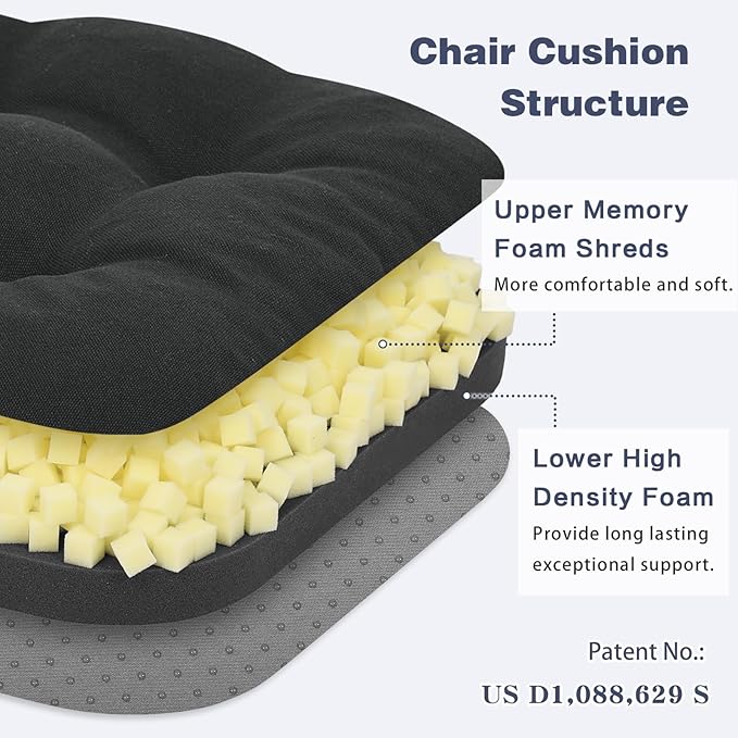 baibu Dining Chair Cushions, Dual-Layer Patent Design Memory Foam Kitchen Chair Cushions, Non-Slip Seat Pads with Ties, 16.5 x 16.5 x 3.5in, 1 Pack, Black