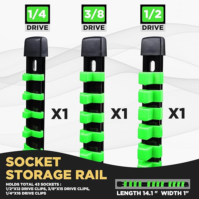 Socket Organizer Set 3PCS ABS Socket Holder Kit, 1/4-Inch x 16 Clips, 3/8-Inch x 15 Clips, 1/2-Inch x 12 Clips Socket Set Organizer, Drive Socket Tray, Socket Holders Clip Socket Rail, Green