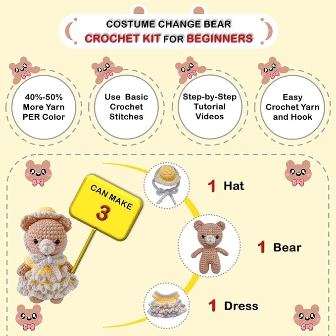 LoopMap Amigurumi Crochet Kit for Beginners with Removable Dress & Video Tutorials, DIY Bear Making Kit Includes Premium Yarn & Tools, Creative Gift for Adults Teens (Yellow)