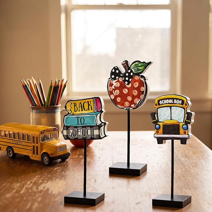 Smile Back to School Wooden Desktop Decor School Bus, Apple & Book Stack Table Signs - Classroom & Home Shelf Accents Gifts for Kids, Teachers