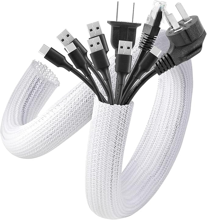 AGPTEK Cable Sleeve, 6.6ft - 1.5 inch Cable Management Desk Cord Cover Organizer Wire Hider for Home Office Computer TV Wire Loom Tubing Pet Proof Cord Protector from Cat Dog Chewing, White