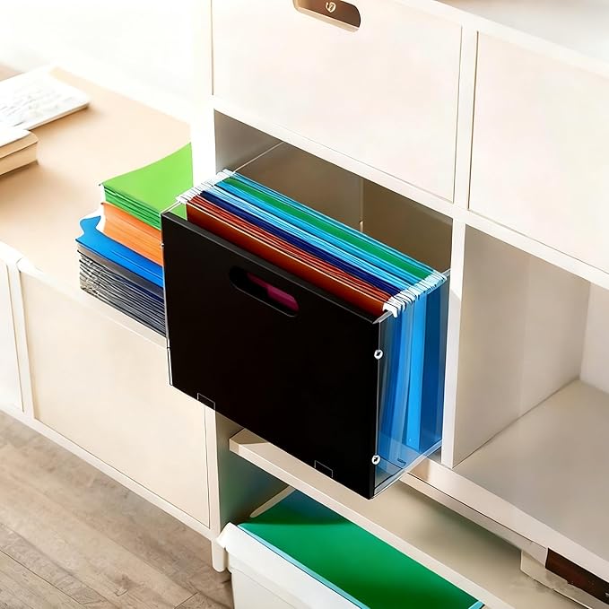 Hanging File Organizer Box with Handle, Acrylic File Folder Organizer Letter Size, Portable Hanging Folder Storage Boxes for Home Office Desk Document Storage, Black
