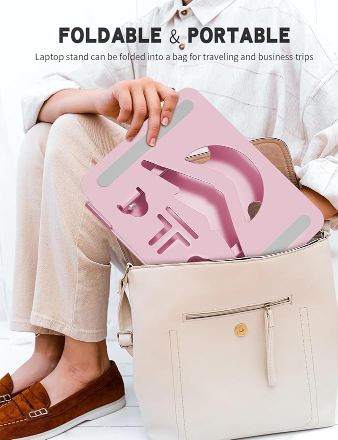 Laptop Stand Adjustable Laptop Holder for Desk, Foldable Laptop Riser Portable Computer Stand Compatible with MacBook, Lenovo, HP and All Laptops up to 16 inches Puce Pink