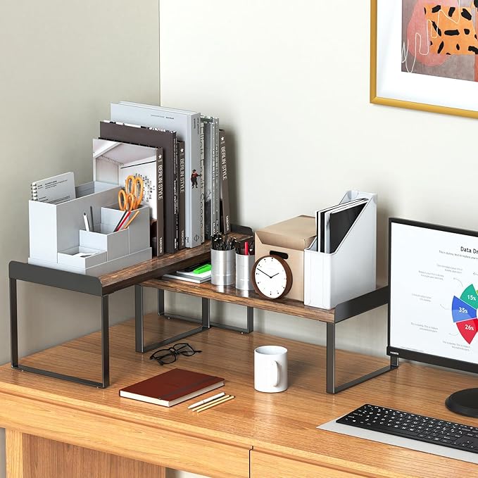 2 Sets Desktop Shelves & Office Shelves, 2 Tier Independent Stackable, Desktop Shelf Stand, Shelf for Desk Organization, Metal and Engineered Wood (Black+Vintage)