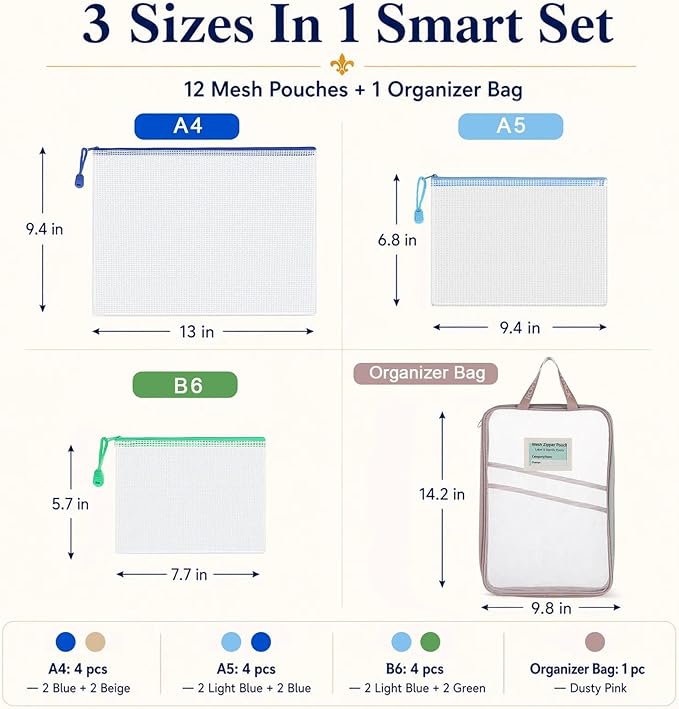 12-Pack Mesh Zipper Pouch Set with 1 Organizer Bag, 3 Sizes (A4, A5, B6) Clear Waterproof File Bags for Travel Organization, Journaling & School Office Supplies (13pcs)