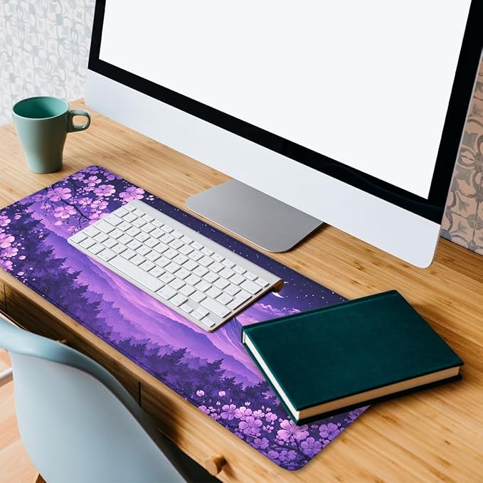 Cherry Blossoms Mouse Pad Mount Fuji Purple Sky Extended Mousepad Waterproof Stitched Edges Rubber Base Non-Slip Deskmap Computer Keyboard Mat 31.5x11.8 Inch