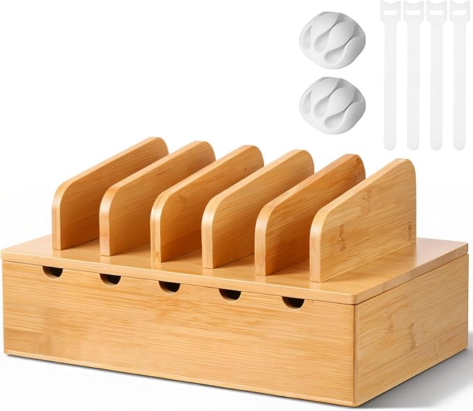 Bamboo Charging Station for Multiple Devices, Cell Phone Docking Charging Station Organizer and Cord Organizer for 10 Devices for Power Strip Storage, Phones and Tablets(Natural Wood Color)
