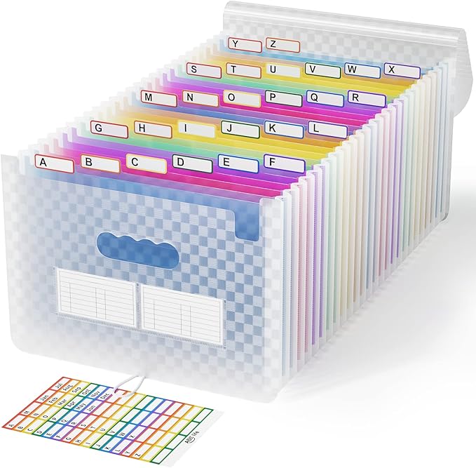 ABC life 26 Pockets Accordion File Organizer, Expanding File Folder, Portable Monthly Paper Bill Tax Receipt Organizer, Letter A4 Size Document Organizer with Labels - Blue