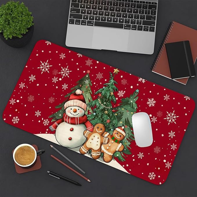 Christmas Mouse Pad PU Leather Christmas Tree Desk Mat Large Waterproof Gaming Pad Gingerbread Man Non-Slip Keyboard Mouse Pad for Gamer Office&Home