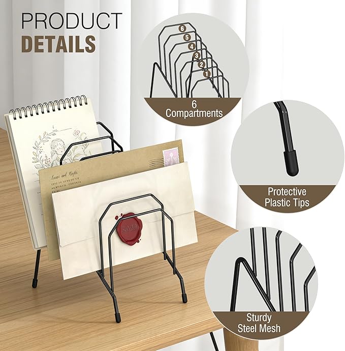Gawerk Incline Desk Mail Organizer, Mail Sorter Letter Organizer Rack with 6-Section Vertical Compartments Rack for Letters, Postcards, Brochures, Mail Holder for Office, Home, School (4 Pack)