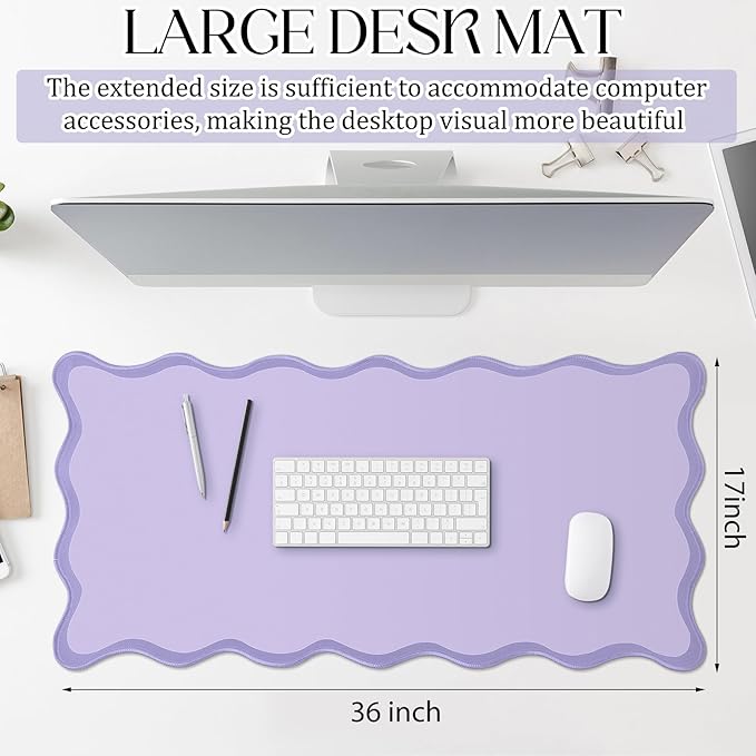Hahafelt Scalloped Desk Mat Large Desk Pad Cute Coquette Table Mat Aesthetic Preppy Table Make up Pad Nonslip 2026 Graduation Gift with Stitching Waterproof Gaming(Purple,36 x 17 Inches)