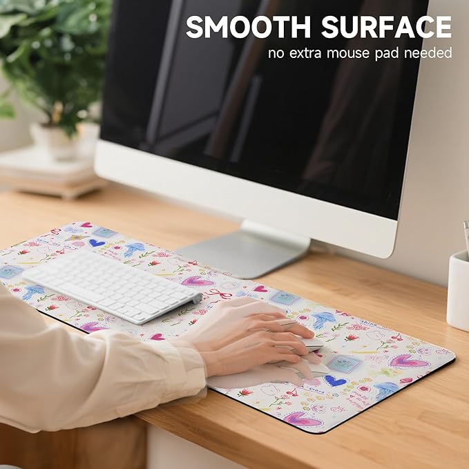 AUPET Leather Large Mouse Pad Desk Blotters – 35 x 17in Cute Desk Mat with PU Surface, Non-Slip Desk Pad Protector,Waterproof Desk Writing Pad for Office Home (Sweet Dreamy Hearts)
