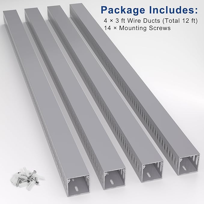 ZhiYo H1.6in W1.6in Professional Server Rack Cable Management Raceway, 12ft (4 x L3ft) Cable Raceway Kit, Electrically Safe PVC Open Slot Wire Raceway for Under Desk/Computer/Network Cords, Grey