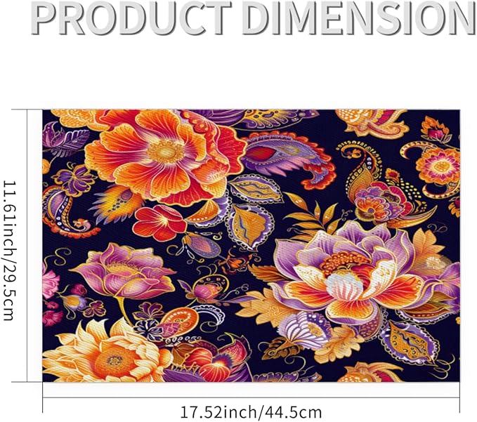 Placemats Set of 4 Heat-Resistant Rectangle Place Mats Ethnic Boho Flower Washable Plastic PVC Dining Table Mat Non-Slip Wipeable Woven Vinyl Placemat for Kitchen Patio Table Decor
