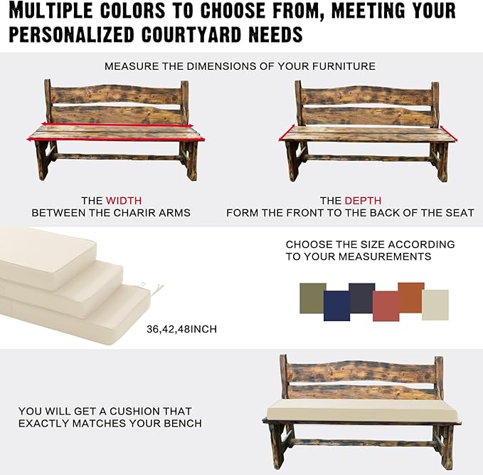 Outdoor Bench Cushion Waterproof with Memory Foam,Patio Bench Cushions for Outdoor/Indoor Furniture Porch Swing Cushion with Handle and Adjustable Strap,Cream Beige,36x18 Inch
