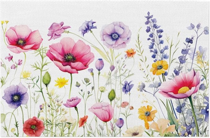 Placemats Set of 4 Heat-Resistant Rectangle Place Mats Floral Flower Grass Washable Plastic PVC Dining Table Mat Non-Slip Wipeable Woven Vinyl Placemat for Kitchen Patio Table Decor