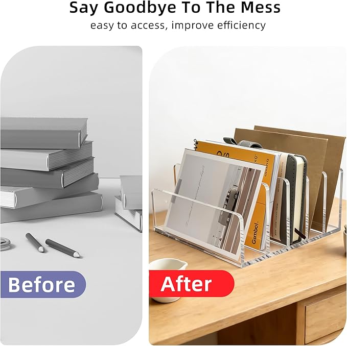 Clear Acrylic Desk Organizer – 5 Compartment Mail Holder & Letter Sorter for Office, Bills, Documents, Notebooks – Modern Vertical File Rack for Home