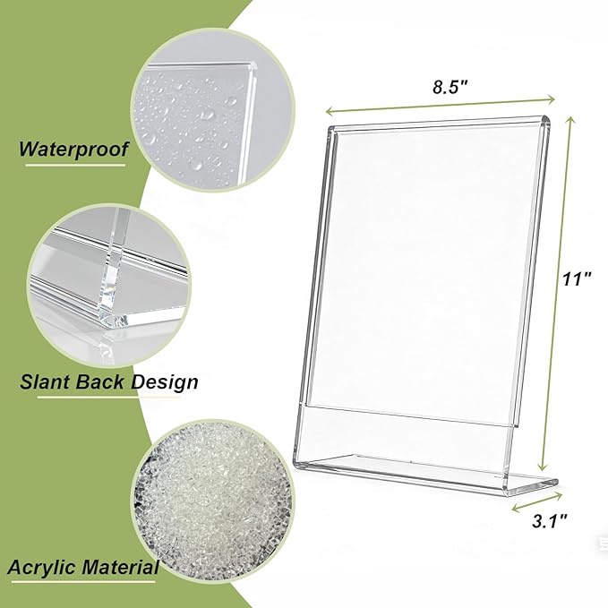 Acrylic Sign Stand Holders - 8.5 x 11 Clear Plastic Table Paper Display Stand, Suit for Displaying Posters, Picture, Flyers, Menu - 10 Pack
