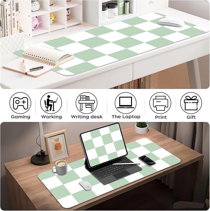 Large Checkered Desk Mat 35.4" x 15.7", PU Leather Mouse Pad Protector, Deskmat for Desk, Non-Slip Green Desk Mat, Waterproof Writing Pad for Office and Home (35.4in*15.7in, Green Plaid)