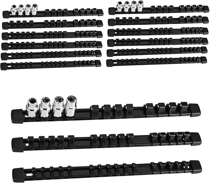Socket Organizer Set 15PCS ABS Holder Kit - 1/4-Inch x 80, 3/8-Inch x 75, 1/2-Inch x 60 Socket Clips, Drive Tray, Rail - Black