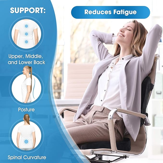 Memory Foam Lumbar Pillow and Seat Cushion Combo, Ergonomic, Lower Back and Coccyx Support, Premium Washable Velvet Covers with Non-Slip Bottom, Ideal for Office Chairs and Car Seats (Black)