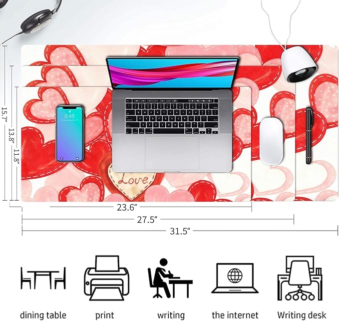 Valentine Desk Mat, Cute Love Heart Large Mouse Pad for Desktop, PU Leather Waterproof Desk Pad, Computer PC Laptop Protector Gaming Mouse Pads Valentine's Day Gifts for Her Him (23.6" x 11.8")