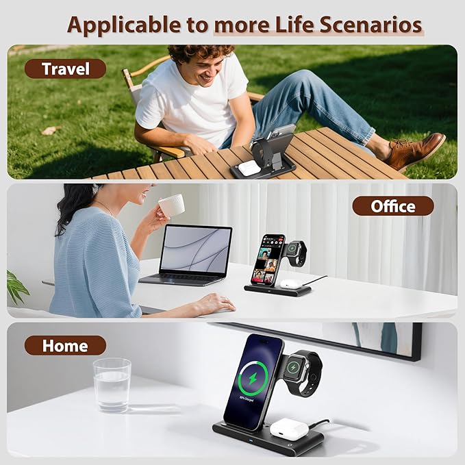 3 in 1 Qi Wireless Charger Dock, Foldable & Compact for iPhone 17-12 Series, Apple Watch & AirPods, Ideal for Desk Use (Black)