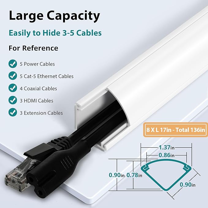 136in Corner Cable Concealer, Large Corner Cord Hider, Wire Covers for Cords, Paintable Corner Cord Cover, Cable Management Channel Cable Raceway for Wall, Floor Baseboard, Ceiling -8 X L17in