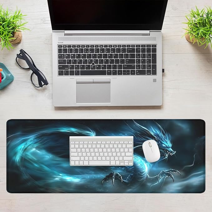 Blue Dragon Mouse Pad, Dark Fantasy Fire Dark Art Gaming Desk Mat with Stitched Edges,Non-Slip Waterproof Rubber Base Mouse Mat, 31.5x11.8in Mouse Pads for Desk Home Office Gaming