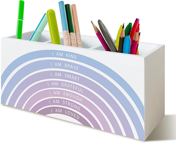 Purple Boho Rainbow Positive Affirmations Pen Pencil Holder for School Classroom Office Desk, Book Center Calming Corner Playroom Decor, Inspirational Makeup Brush Toothbrush Holder Organizer