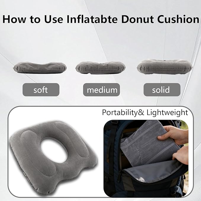 2 Pack Inflatable Donut Pillow, Hemorrhoid Pillows for Sitting, Portable Donut Cusion for Pressure Relief, Tailbone & Coccyx Support for Home, Office, Wheelchair and Car