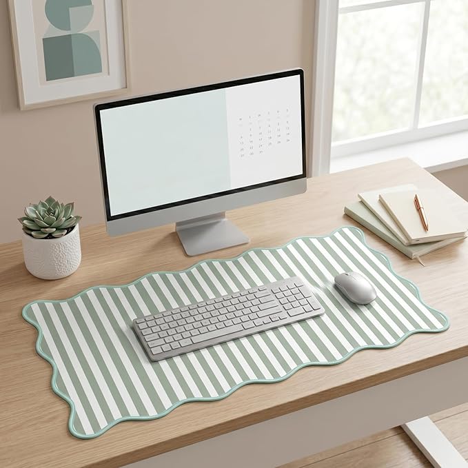 Scalloped Desk Mat Extended Large Cute Striped Mouse Pad Big Desk Pad XXL Aesthetic Stripe Mousepad Gaming Mouse Pad for Keyboard Computer Laptop Home Office Accessories 31.5X15.7Inches Sage Green