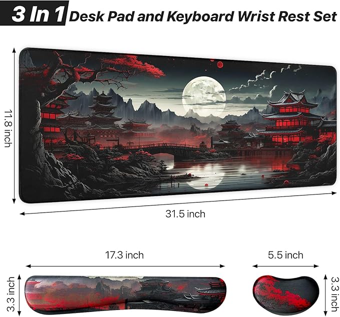 FreeNook 3-in-1 Large Gaming Mouse Pad, Anime Mouse Pad & Keyboard Wrist Rest Support, Japanese Desk Mat Set for Home Office Study Game, 31.5 X 11.8 Inch