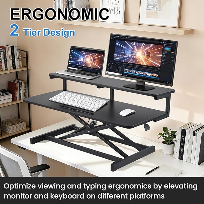 Ergonomic Desk Riser for Standing Height Adjustable Standing Desk Converter 10.2-24.8" 33 Lbs Capacity U-Shapeds Top & Keyboard Tray for Home Office Black