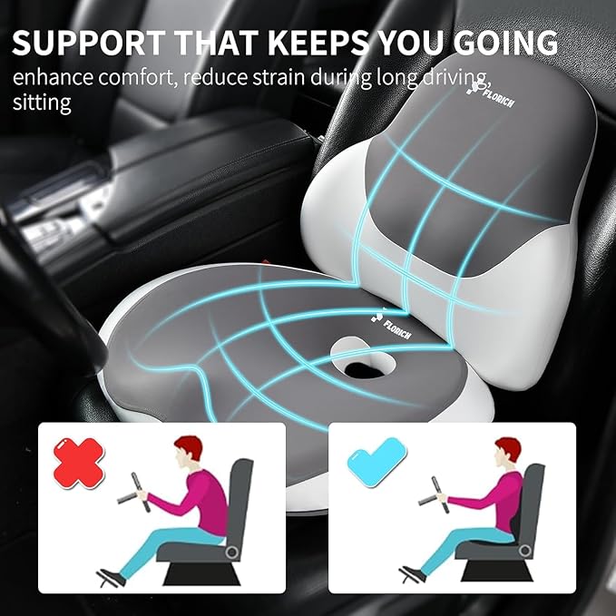 FLORICH Seat Cushion and Lumbar Support Pillow for Office Chair Car Neck Headrest Pillow Memory Foam Seat Pads Pressure Relief Back Cushion and Carseat Pads(Grey)