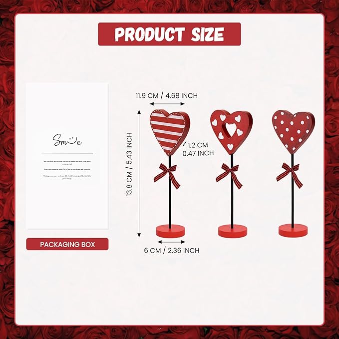 Smile Valentine's Day Heart - Shaped Wooden Table Decor Set with Red Bases & Ribbon Accents, Valentine Indoor Decoration
