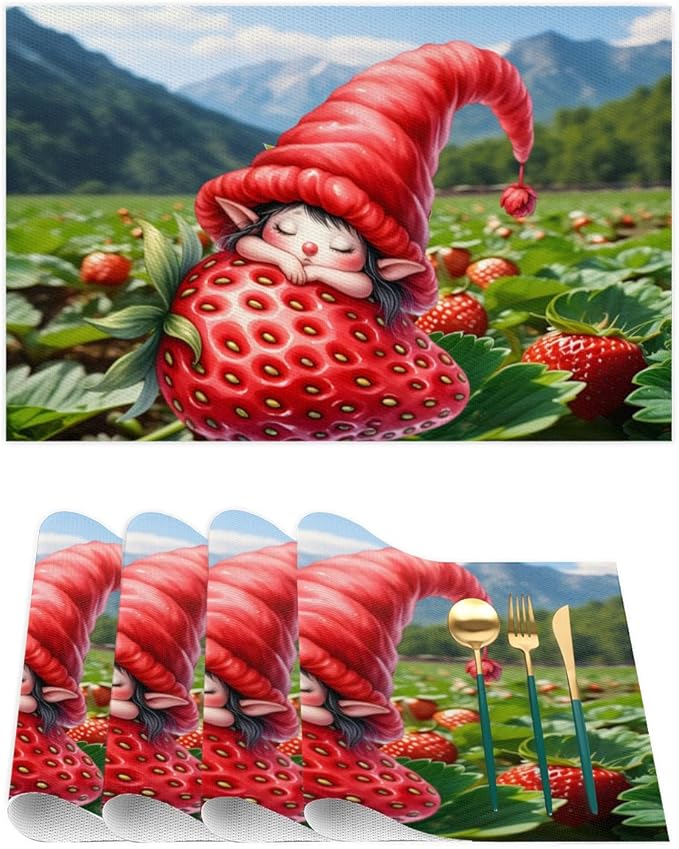 Placemats Set of 4 Heat-Resistant Rectangle Place Mats Strawberry Elf Washable Plastic PVC Dining Table Mat Non-Slip Wipeable Woven Vinyl Placemat for Kitchen Patio Table Decor