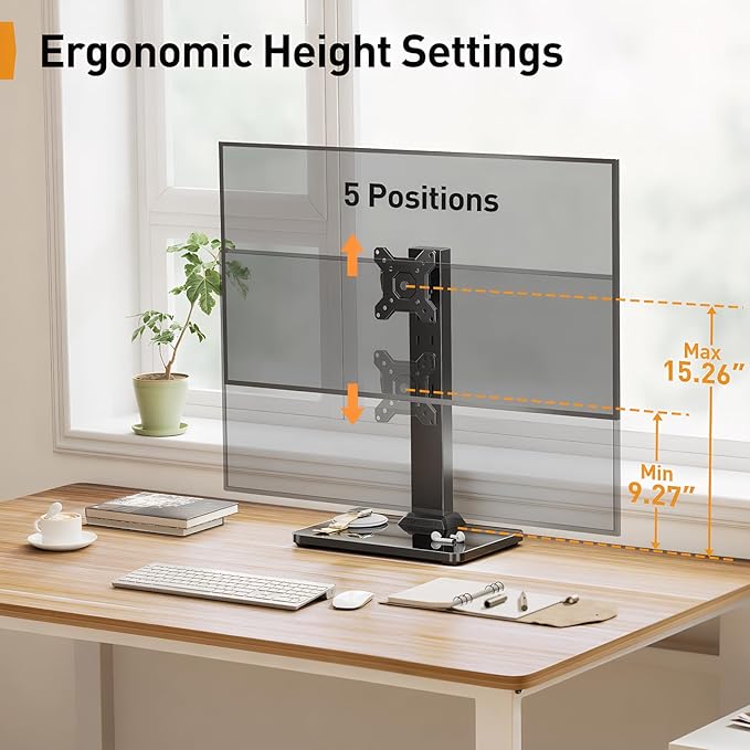 Perlegear Small TV Stand & Monitor Mount for 13-34 Inch Screens, Universal Table Top Base & Desk Riser with Swivel, Tilt, 360° Rotation and 5 Height Settings, Holds 44 lbs, Max VESA 100x100mm, PGTVS29