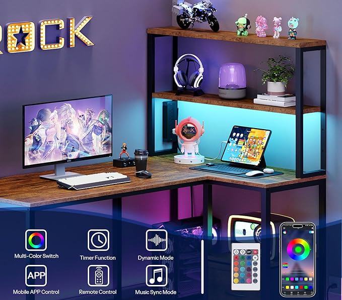 HOOBRO Computer Desk Bundle, L Shaped Gaming Desk with LED Light & Power Outlet, Storage Shelves & Drawer, 3 Hooks for Study Room, Home Office, Rustic Brown and Black BF40UDN01-BF18UDDN01